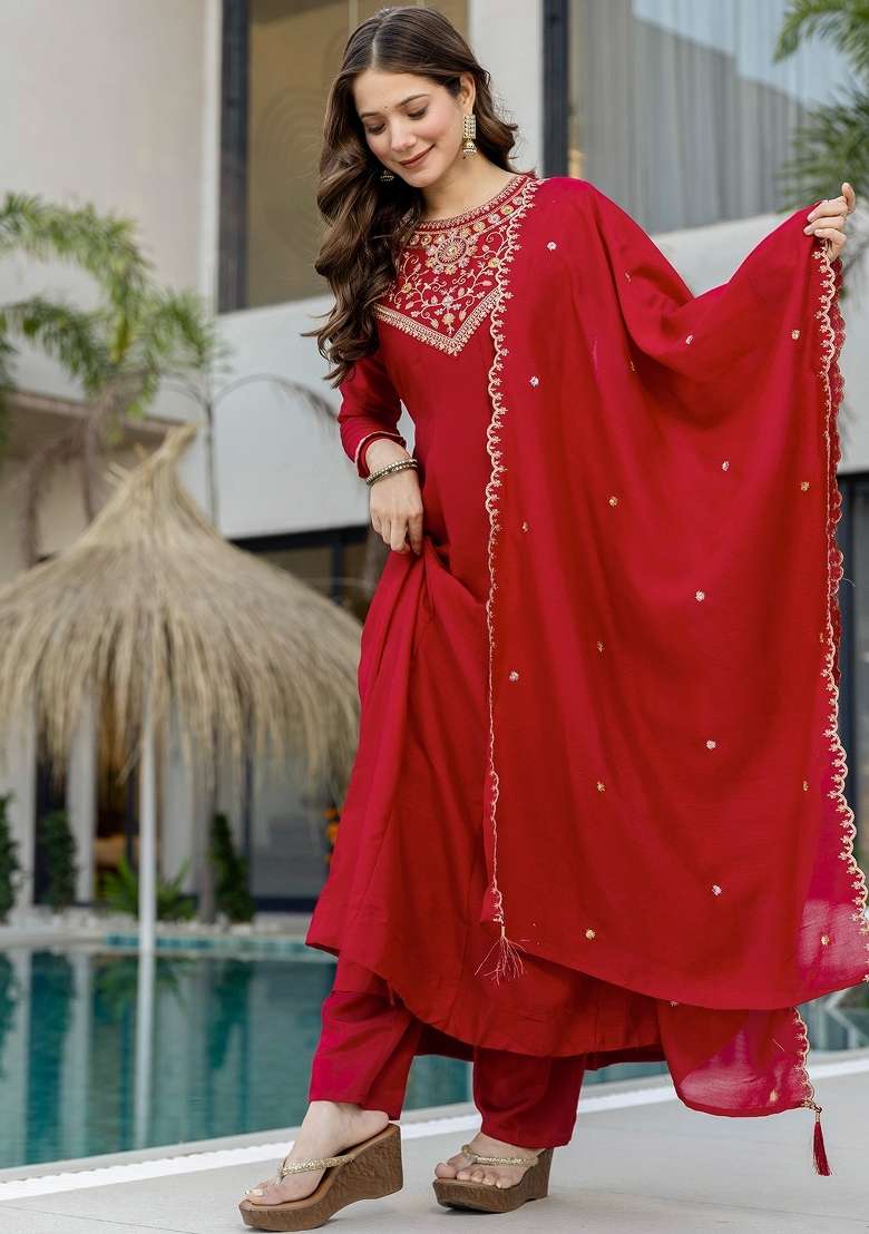 Red Thread Work Silk Blend Kurta Set - Indya