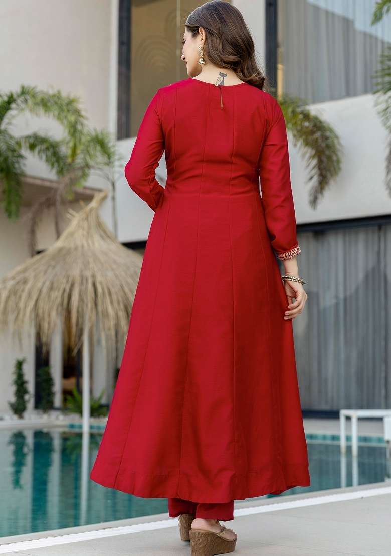 Red Thread Work Silk Blend Kurta Set - Indya