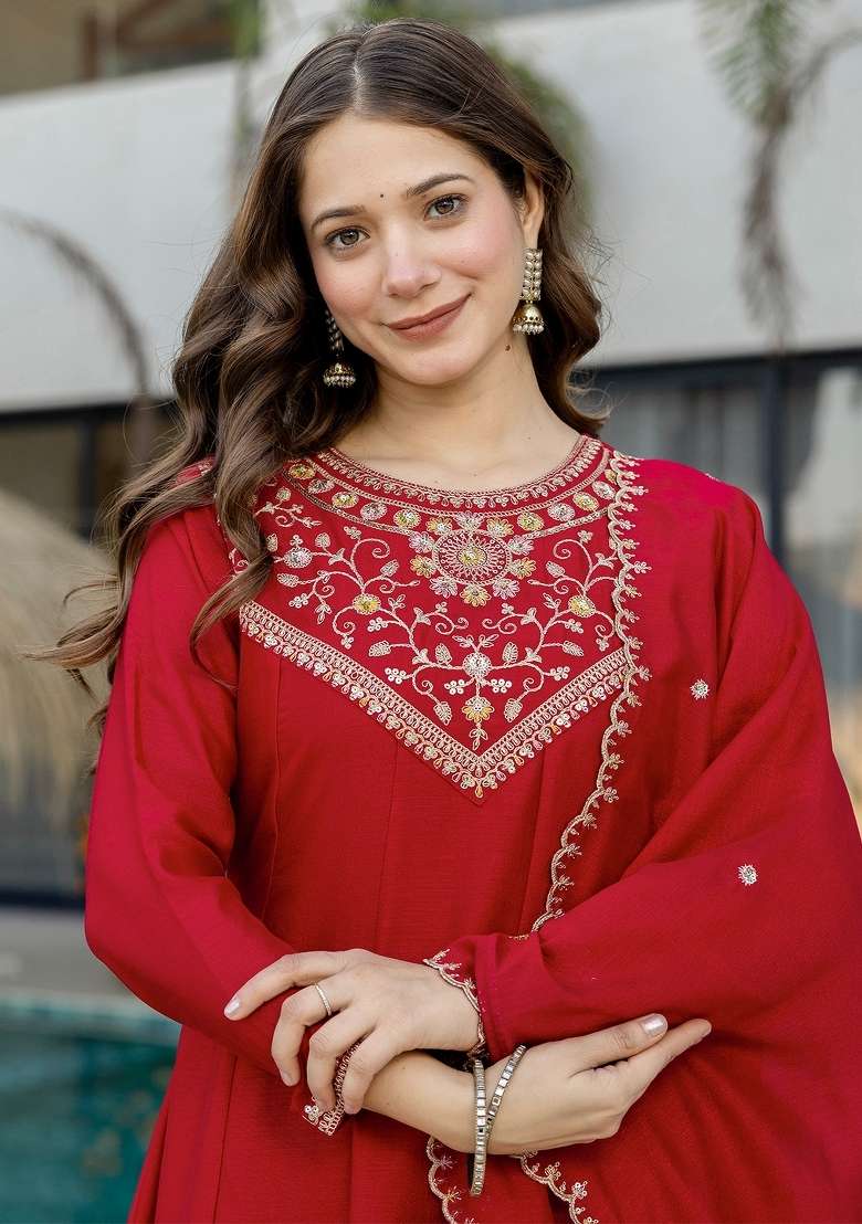 Red Thread Work Silk Blend Kurta Set - Indya