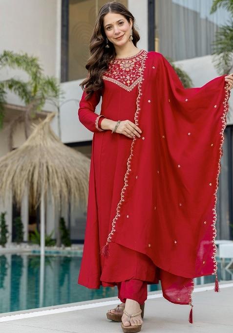 Red Thread Work Silk Kurta Set