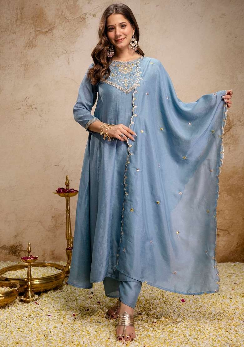 Sky Blue Thread Work Silk Kurta Set - Indya