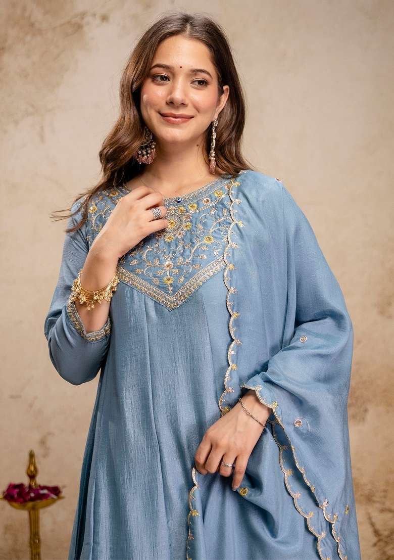 Sky Blue Thread Work Silk Kurta Set - Indya