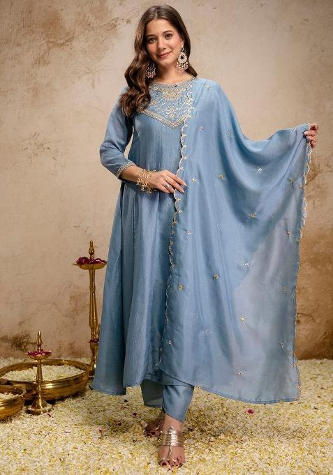 Sky Blue Thread Work Silk Kurta Set