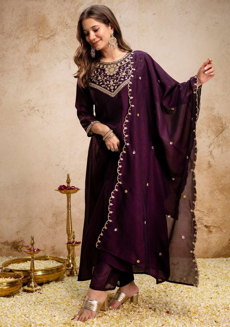 Wine Thread Work Silk Blend Kurta Set - Indya