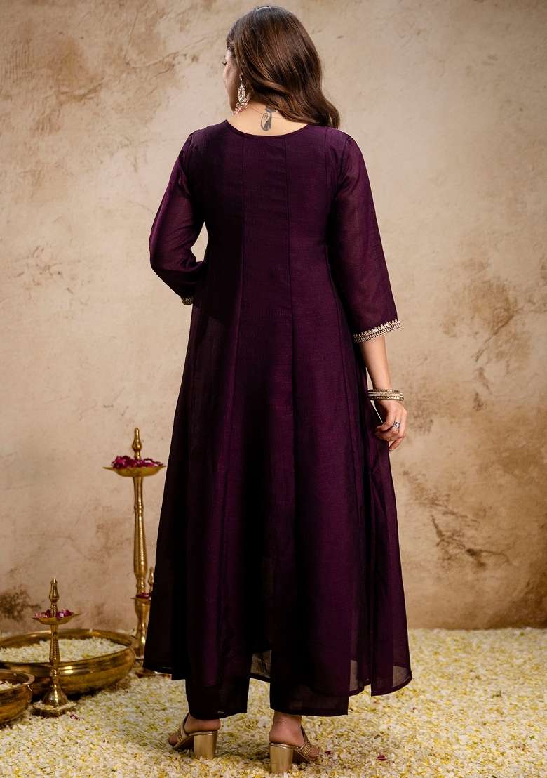 Wine Thread Work Silk Blend Kurta Set - Indya
