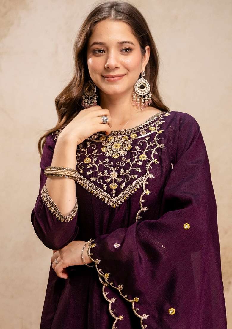 Wine Thread Work Silk Blend Kurta Set - Indya