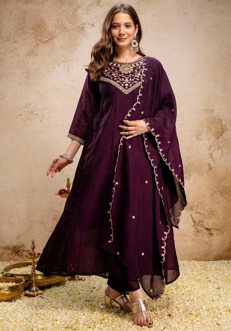 Wine Thread Work Silk Kurta Set