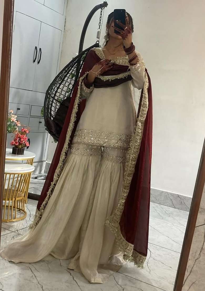 Cream Thread Work Chinon Kurta Set - Indya