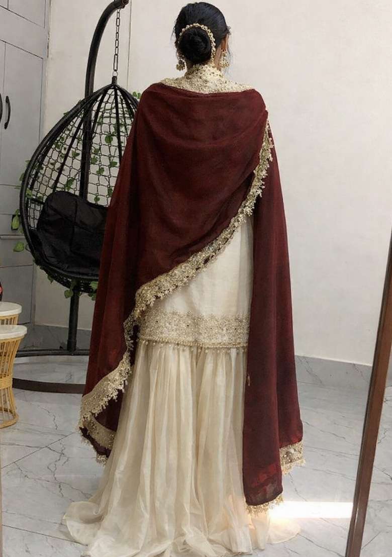 Cream Thread Work Chinon Kurta Set - Indya