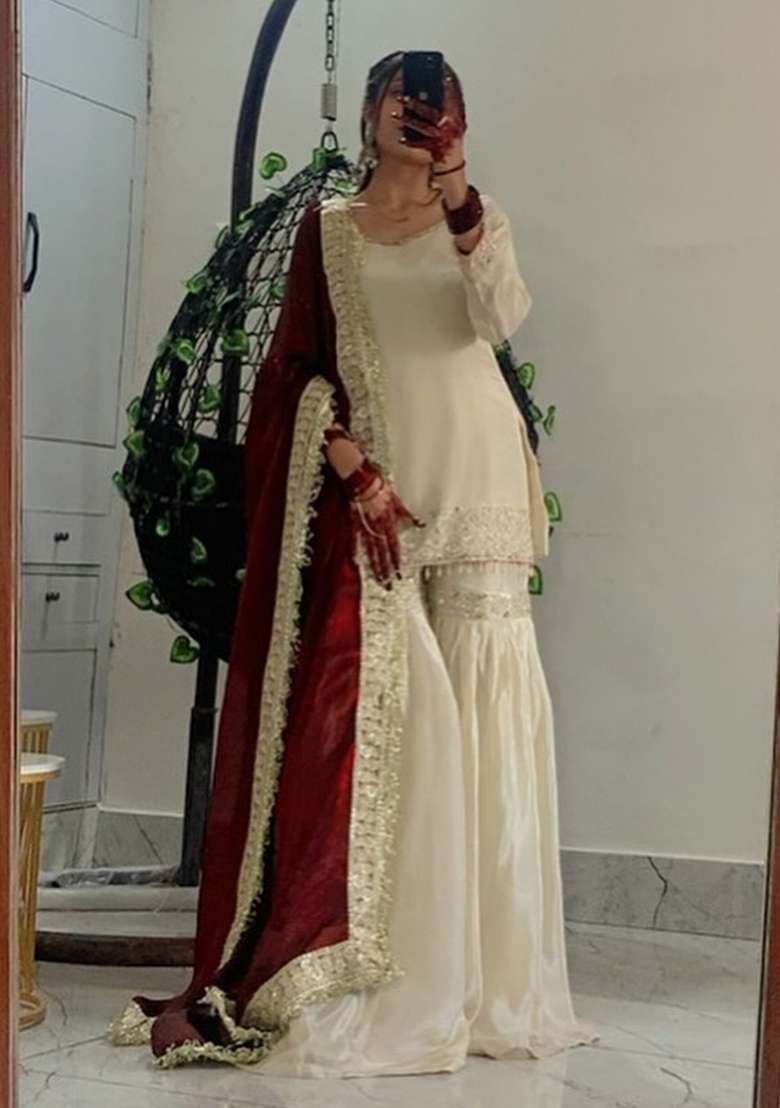 Cream Thread Work Chinon Kurta Set - Indya