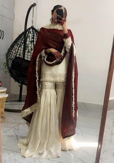 Cream Thread Work Chinon Kurta Set