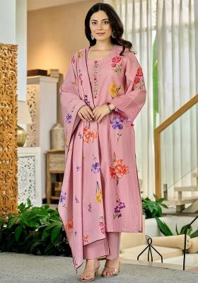 Pink Floral Print Chanderi Kurta Set