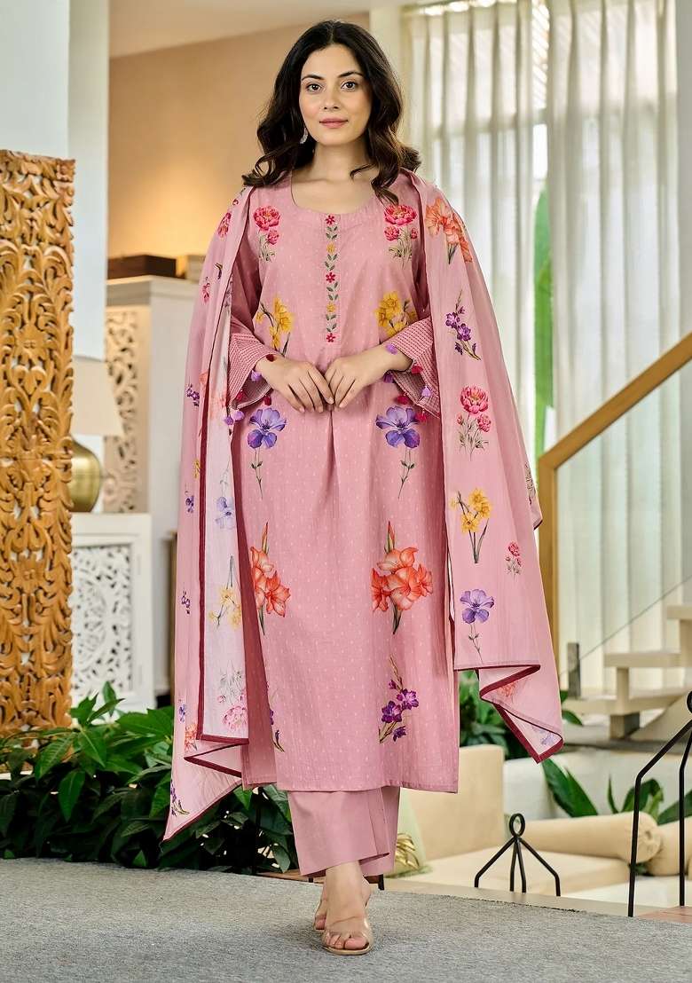 Pink Floral Print Chanderi Kurta Set - Indya
