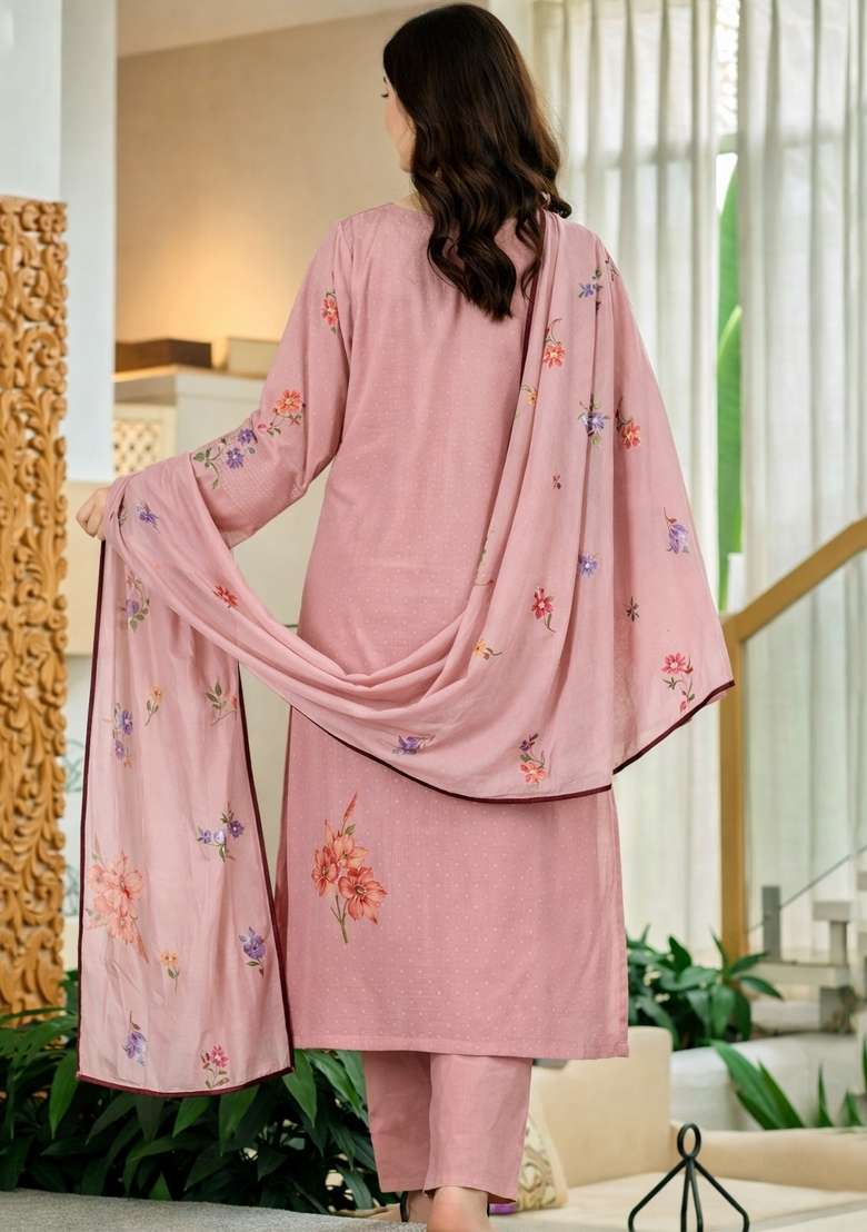Pink Floral Print Chanderi Kurta Set - Indya
