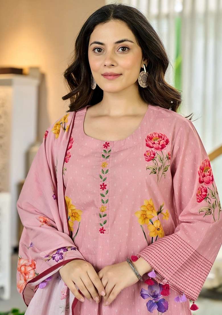 Pink Floral Print Chanderi Kurta Set - Indya