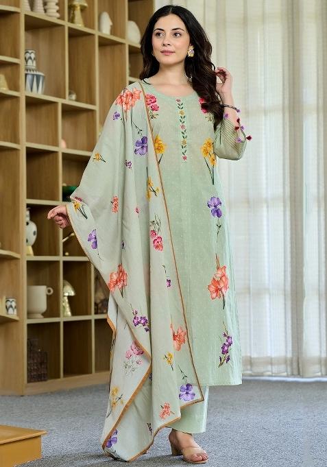 Light Green Floral Print Chanderi Kurta Set