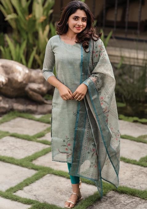 Sea Green Floral Print Cotton Kurta Set