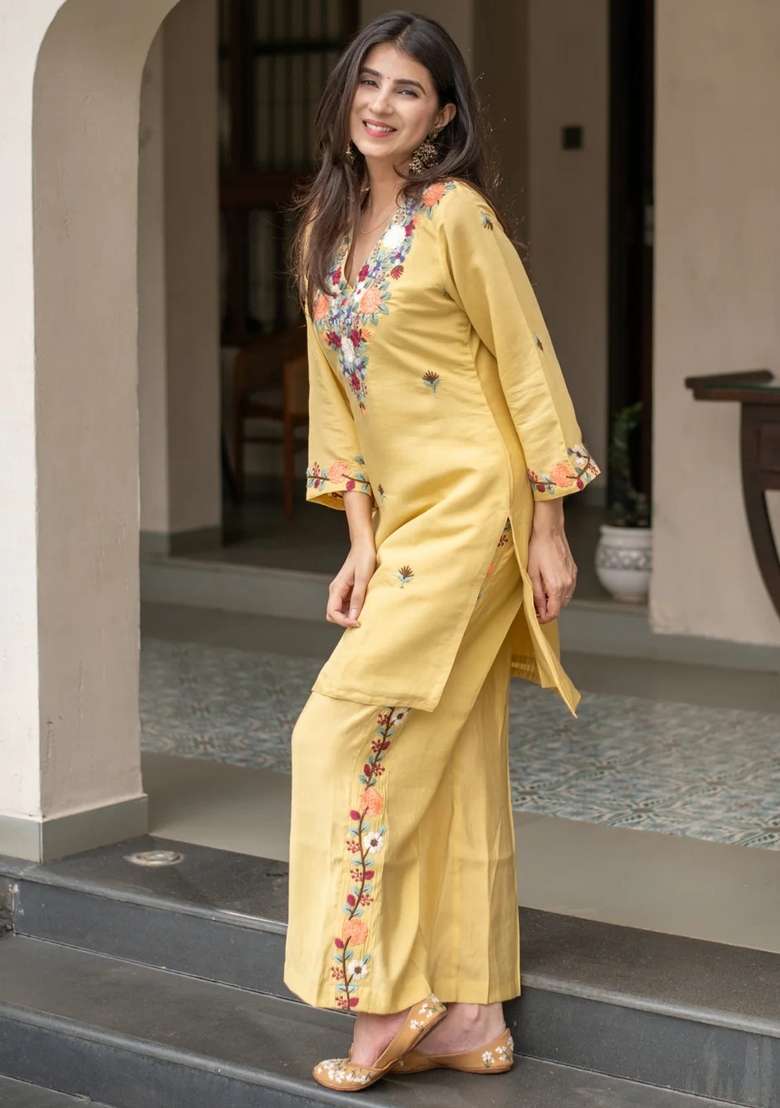 Yellow Thread Work Crepe Kurta Set - Indya