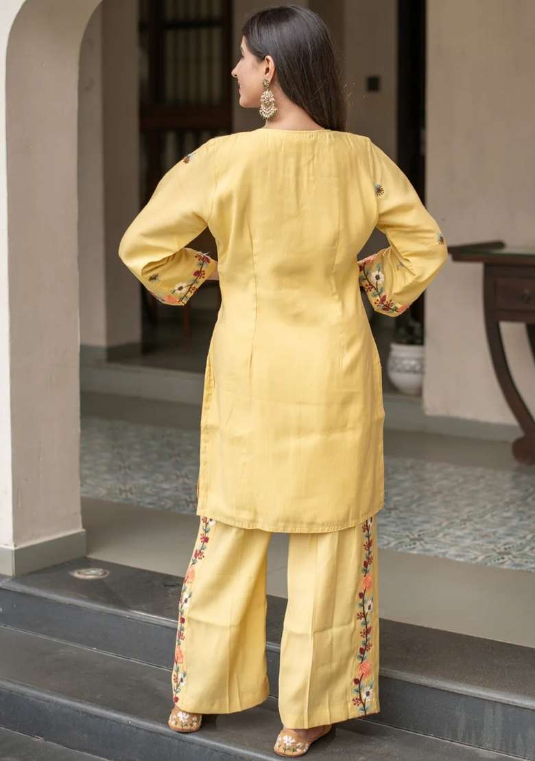 Yellow Thread Work Crepe Kurta Set - Indya
