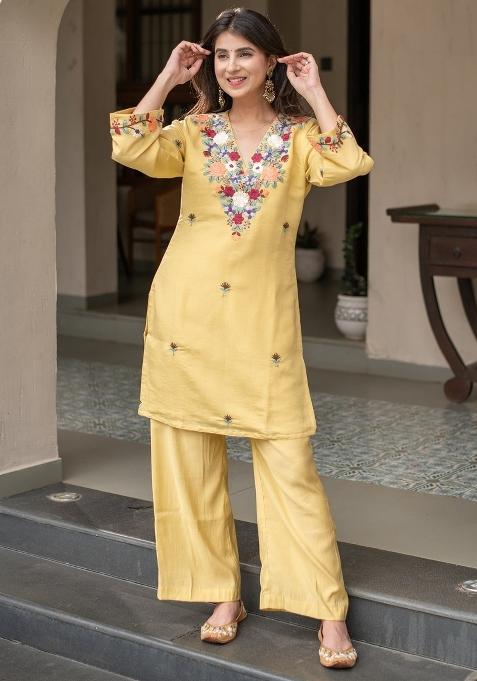 Yellow Thread Work Crepe Kurta Set