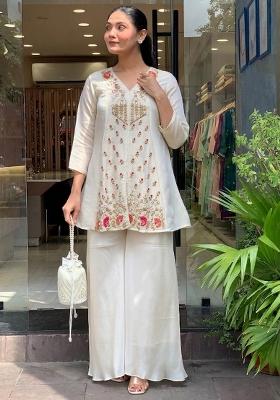 Off White Thread Work Silk Palazzo Set
