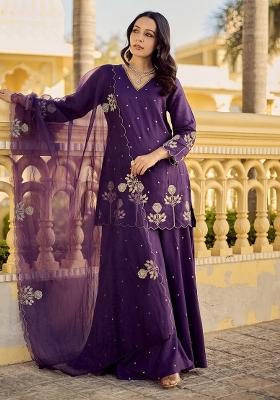 Purple Thread Work Silk Palazzo Set