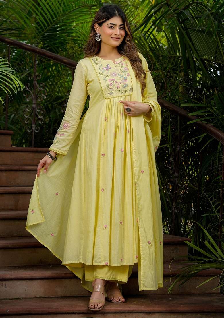 Yellow Thread Work Silk Blend Kurta Set - Indya