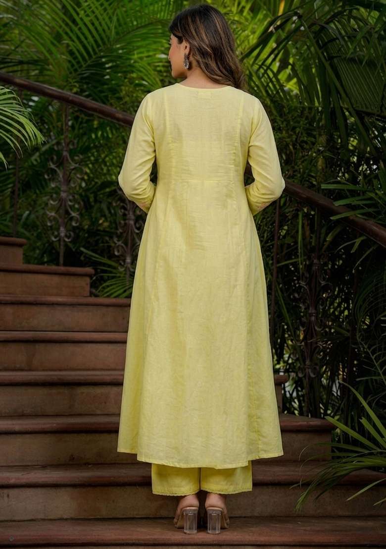 Yellow Thread Work Silk Blend Kurta Set - Indya