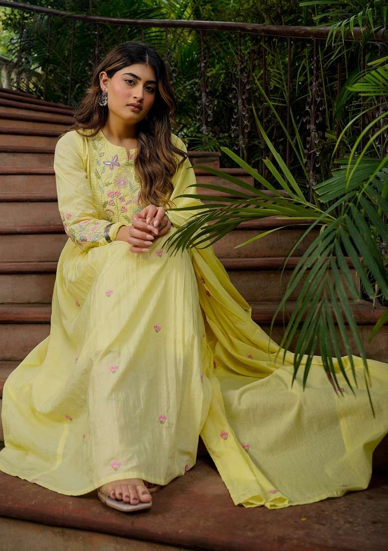 Yellow Thread Work Silk Blend Kurta Set - Indya