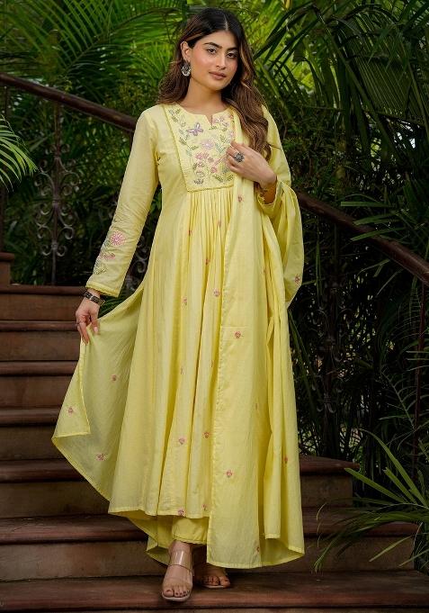 Yellow Thread Work Silk Kurta Set