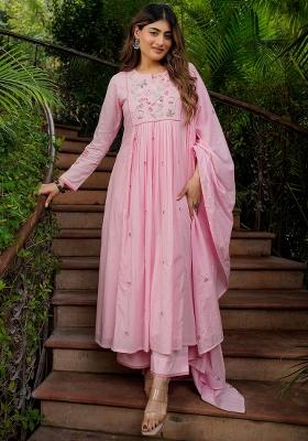 Pink Thread Work Silk Kurta Set