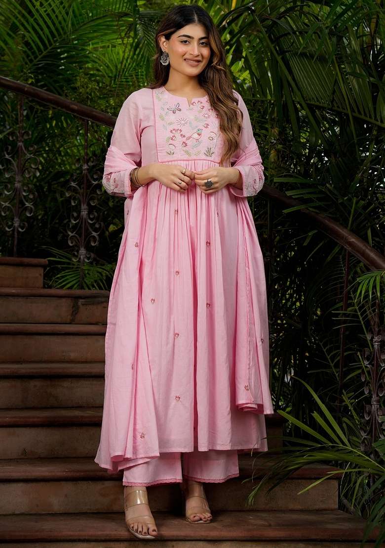 Pink Thread Work Silk Blend Kurta Set - Indya