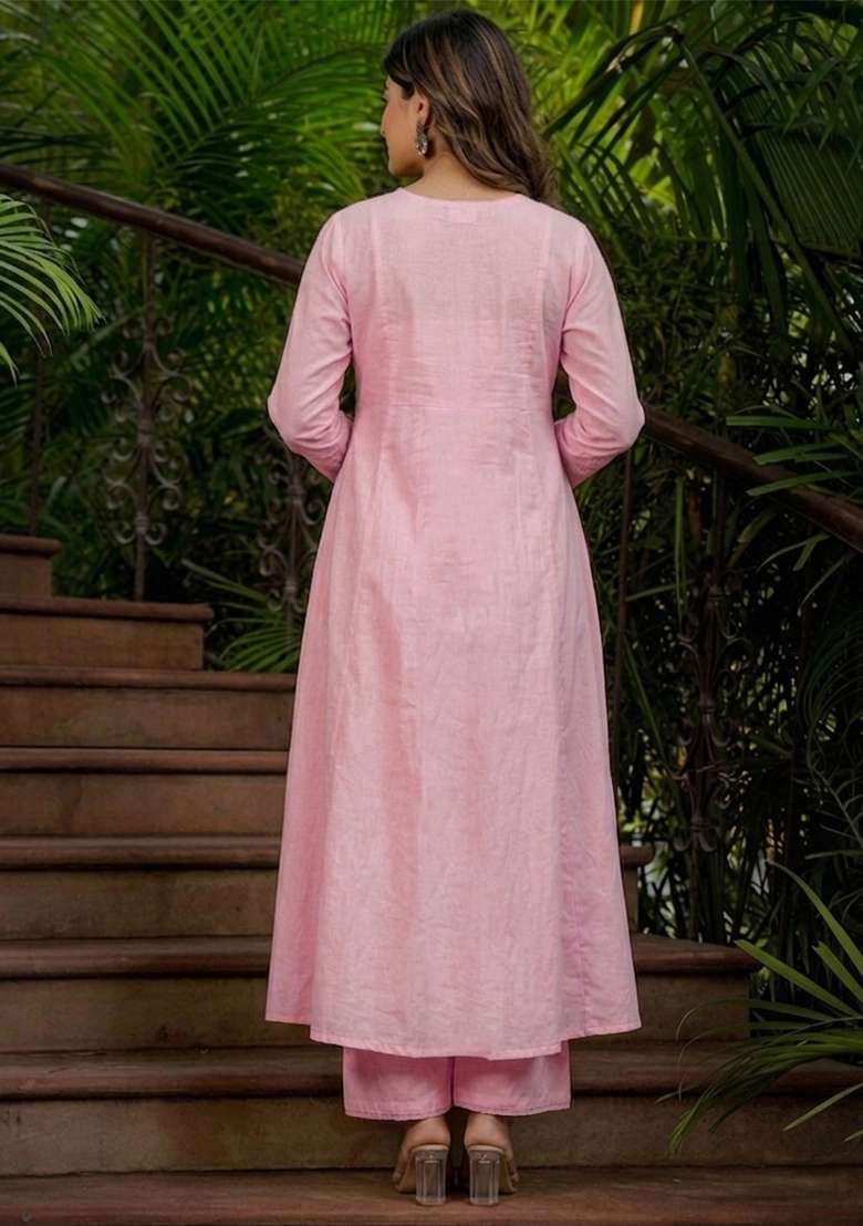 Pink Thread Work Silk Blend Kurta Set - Indya