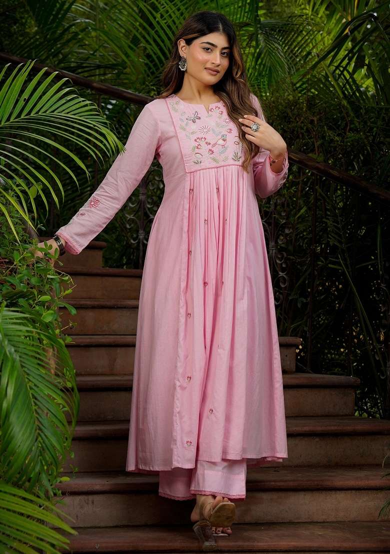 Pink Thread Work Silk Blend Kurta Set - Indya
