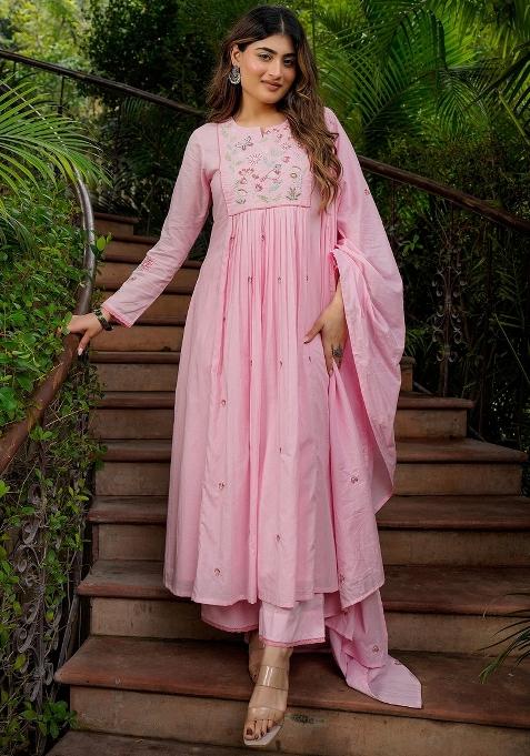 Pink Thread Work Silk Kurta Set