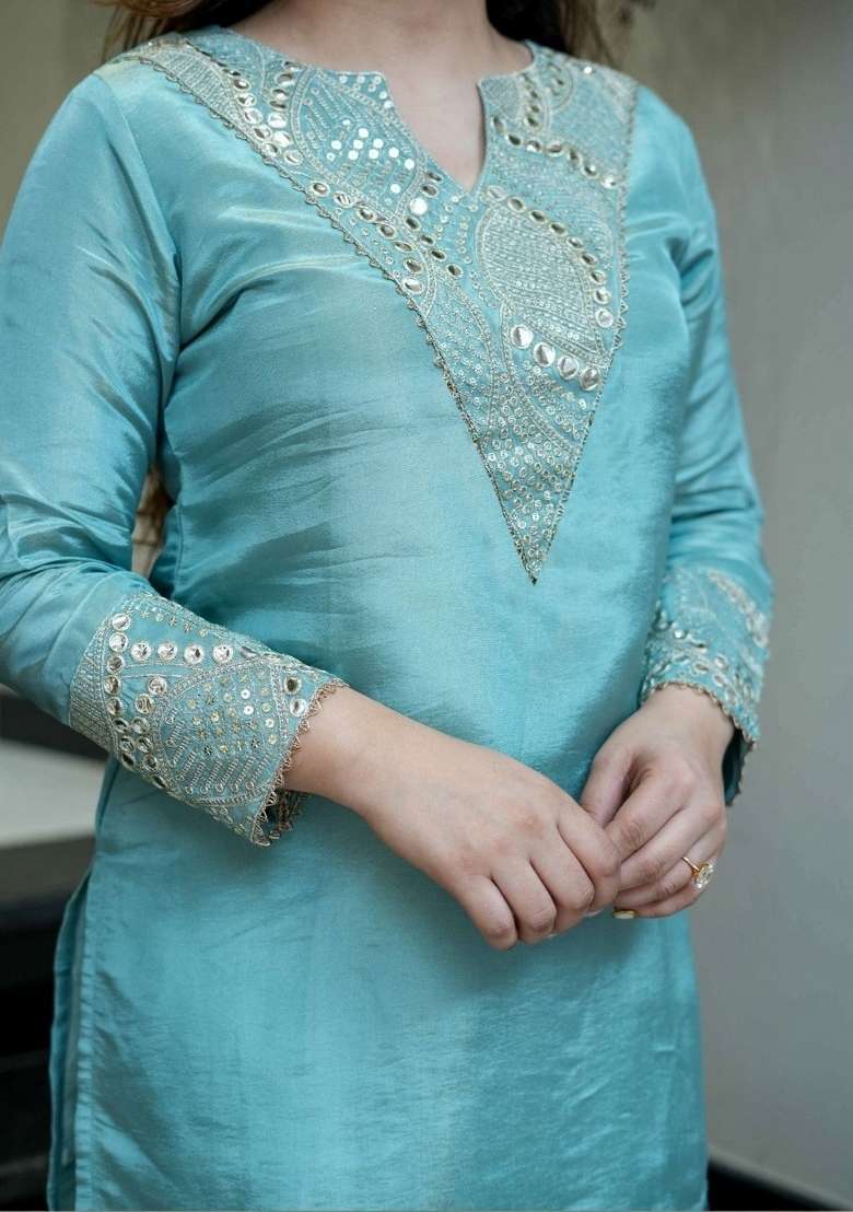 Sky Blue Sequin Silk Palazzo Set - Indya