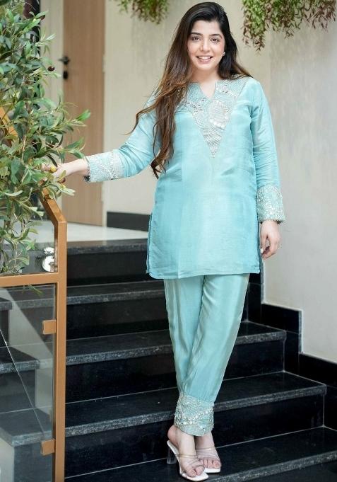 Sky Blue Sequin Silk Palazzo Set