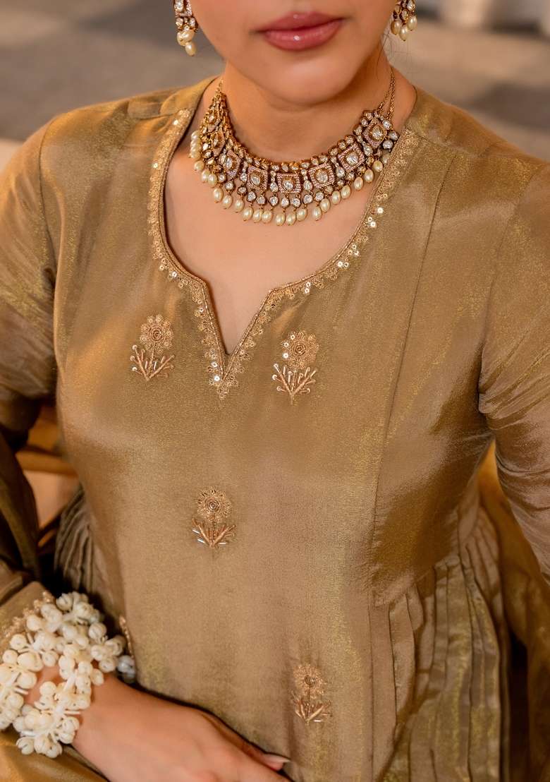 Golden Thread Work Chanderi Kurta Set - Indya