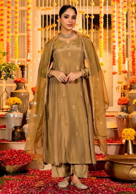 Golden Thread Work Chanderi Kurta Set