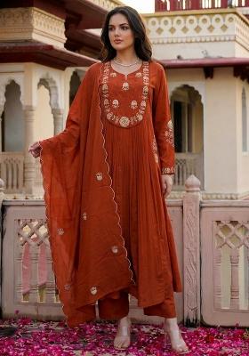 Rust Thread Work Silk Kurta Set