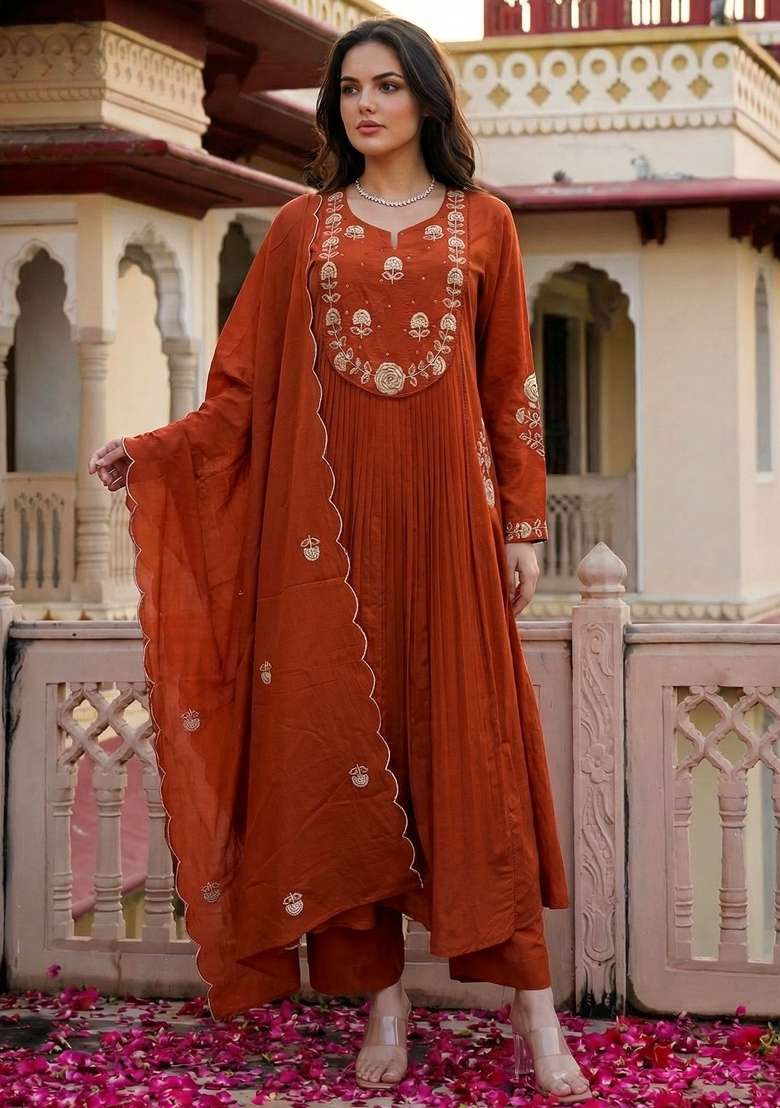 Rust Thread Work Silk Blend Kurta Set - Indya