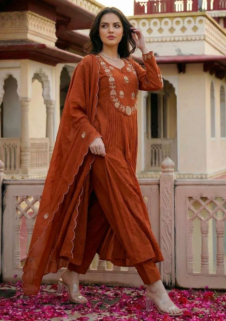 Rust Thread Work Silk Blend Kurta Set - Indya