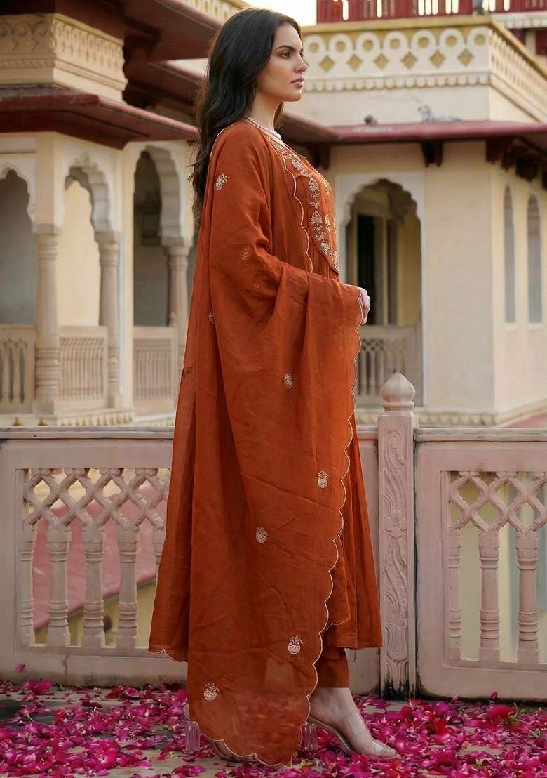 Rust Thread Work Silk Blend Kurta Set - Indya