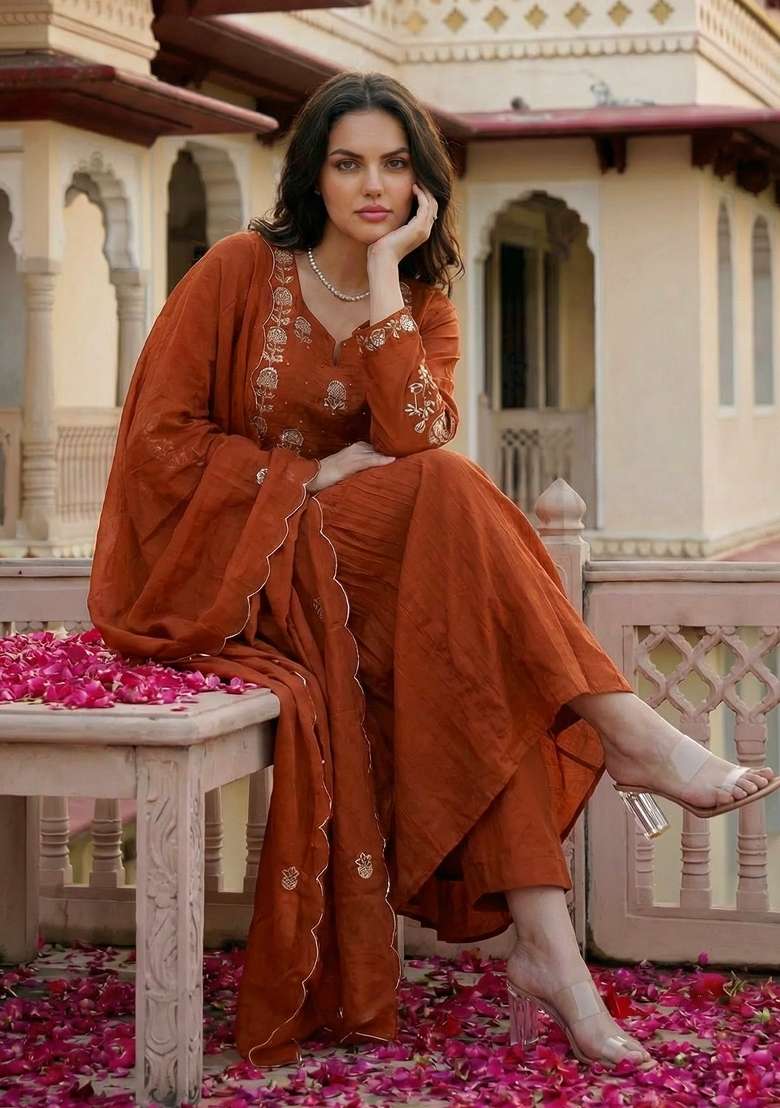 Rust Thread Work Silk Blend Kurta Set - Indya