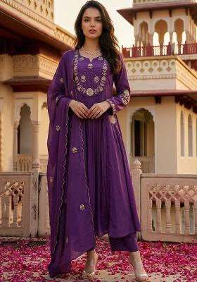 Purple Thread Work Silk Kurta Set
