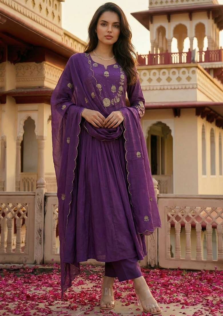 Purple Thread Work Silk Blend Kurta Set - Indya