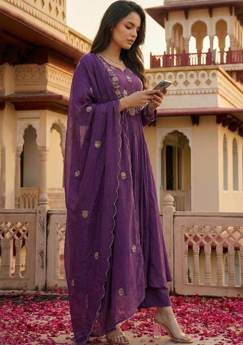 Purple Thread Work Silk Blend Kurta Set - Indya