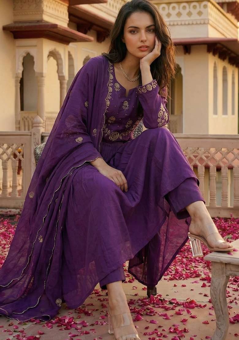 Purple Thread Work Silk Blend Kurta Set - Indya