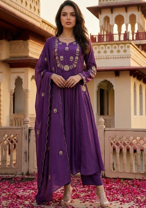 Purple Thread Work Silk Kurta Set
