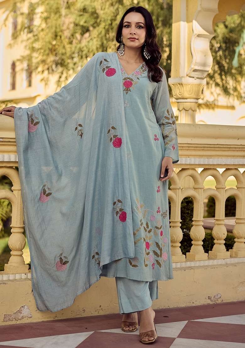 Aqua Blue Thread Work Silk Blend Kurta Set - Indya